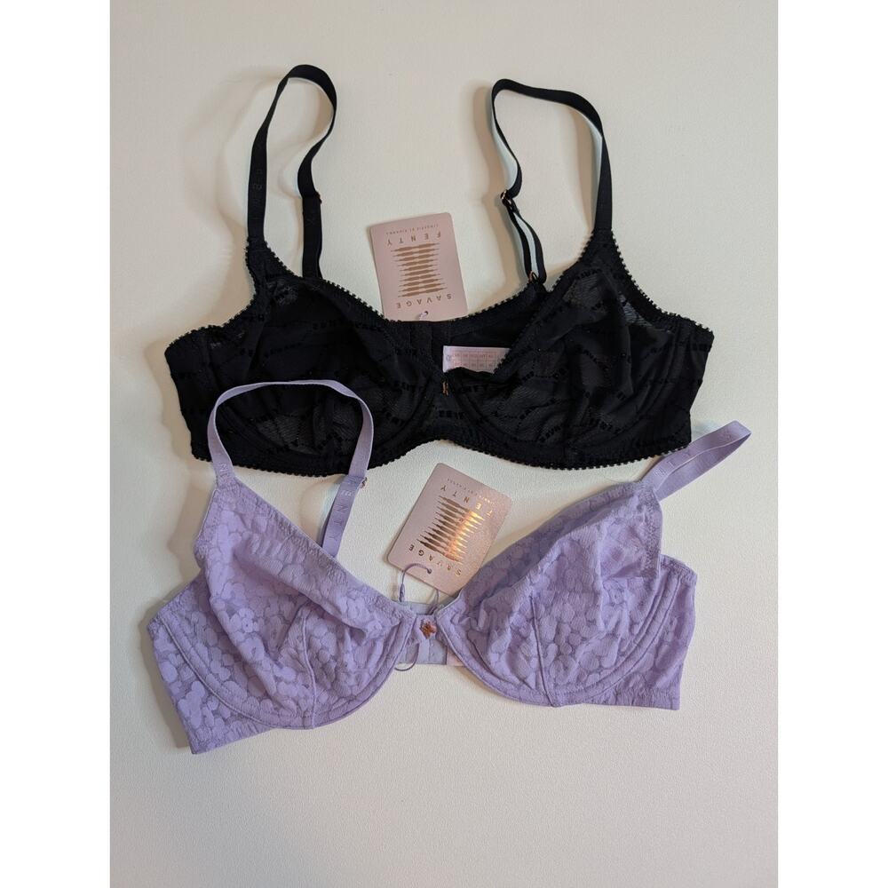 Savage x Fenty lot Of 2 Flocked Logo Unlined Demi Bra Black Purple sz 36C